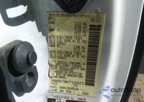 2013 Nissan Frontier Sv-I4 z USA, uszkodzony, nr VIN 1N6BD0CT3DN755927